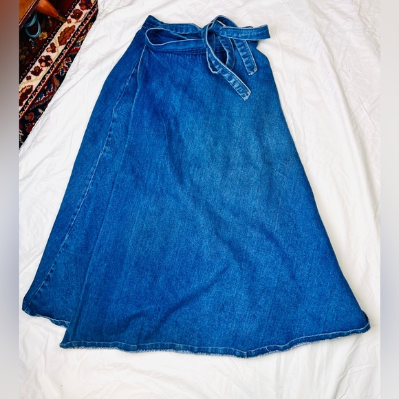 True vintage 70s 90s Pulse cross over tie waist denim A-line midi circle skirt - Picture 2 of 8